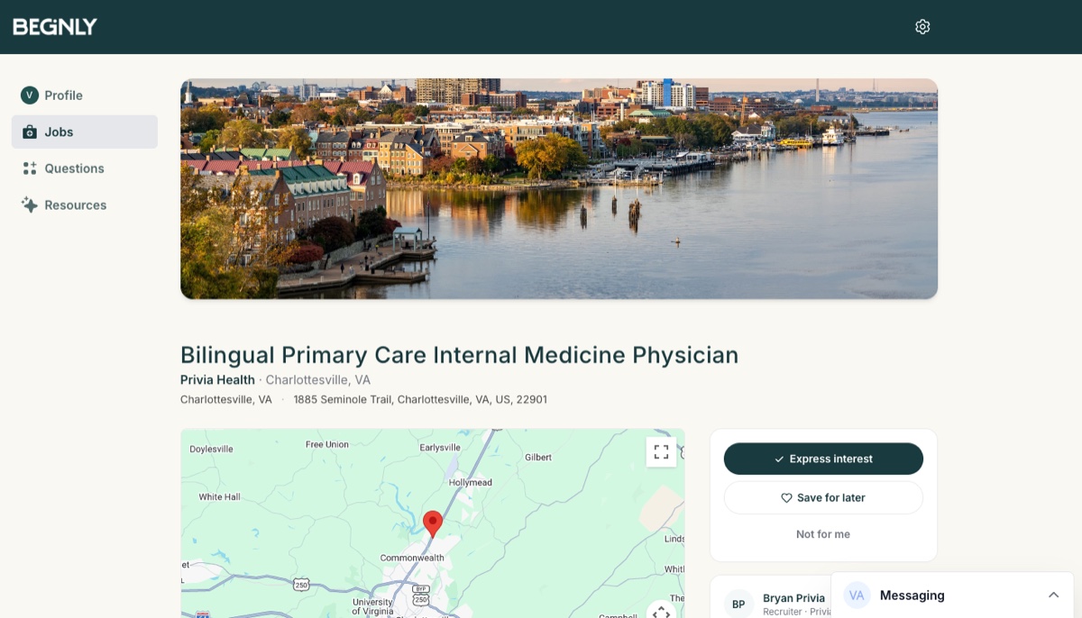 Beginly job detail page with location map and Express interest action