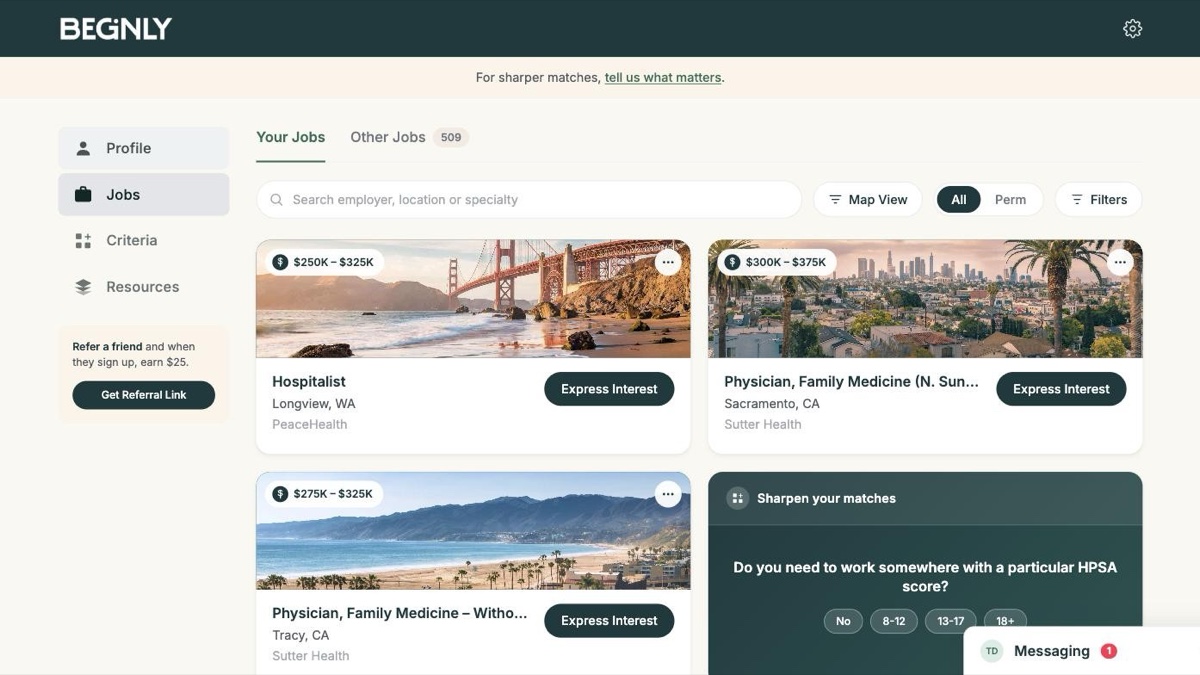 Beginly jobs dashboard showing matched physician roles with salary ranges
