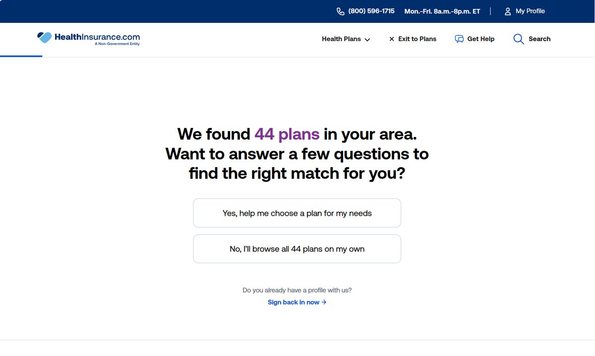 HealthInsurance.com plan match screen