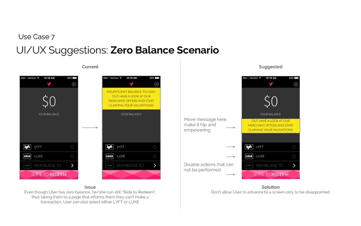 Heuristic evaluation of Validated, a mobile app from one of the 15 startups in the JLR Tech Incubator, showing current and suggested zero-balance screens